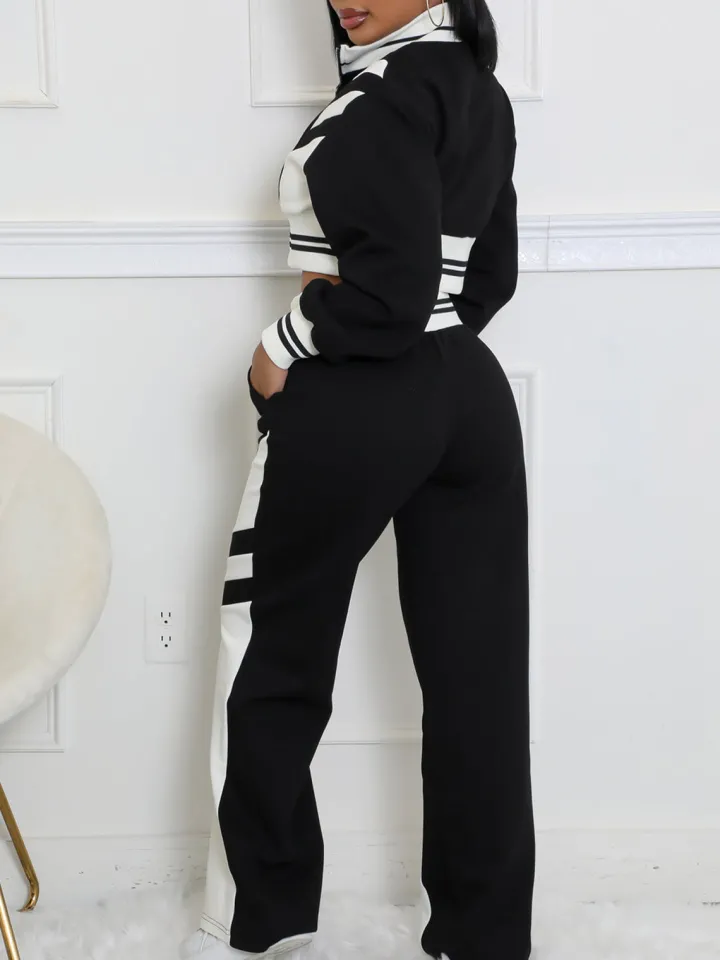 Zip Up Top Color Block Pants Set