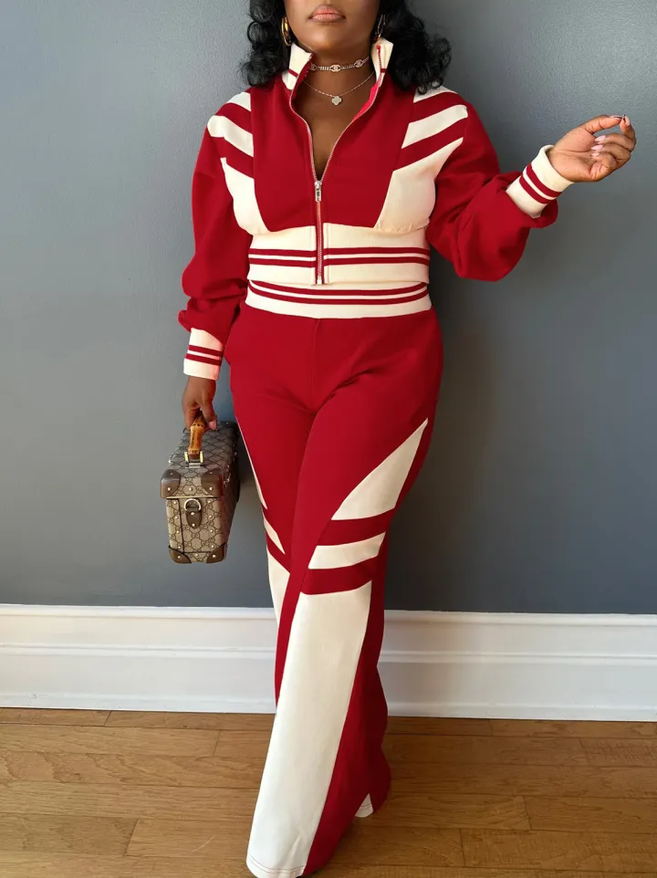 Zip Up Top Color Block Pants Set