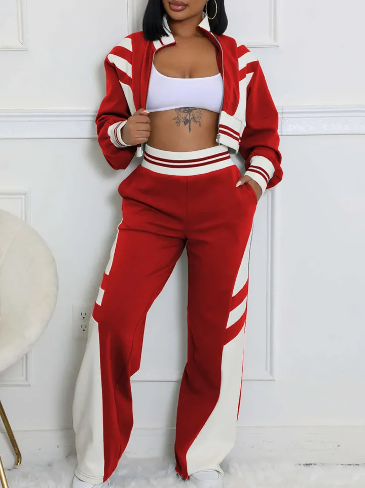 Zip Up Top Color Block Pants Set