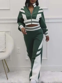 Zip Up Top Color Block Pants Set