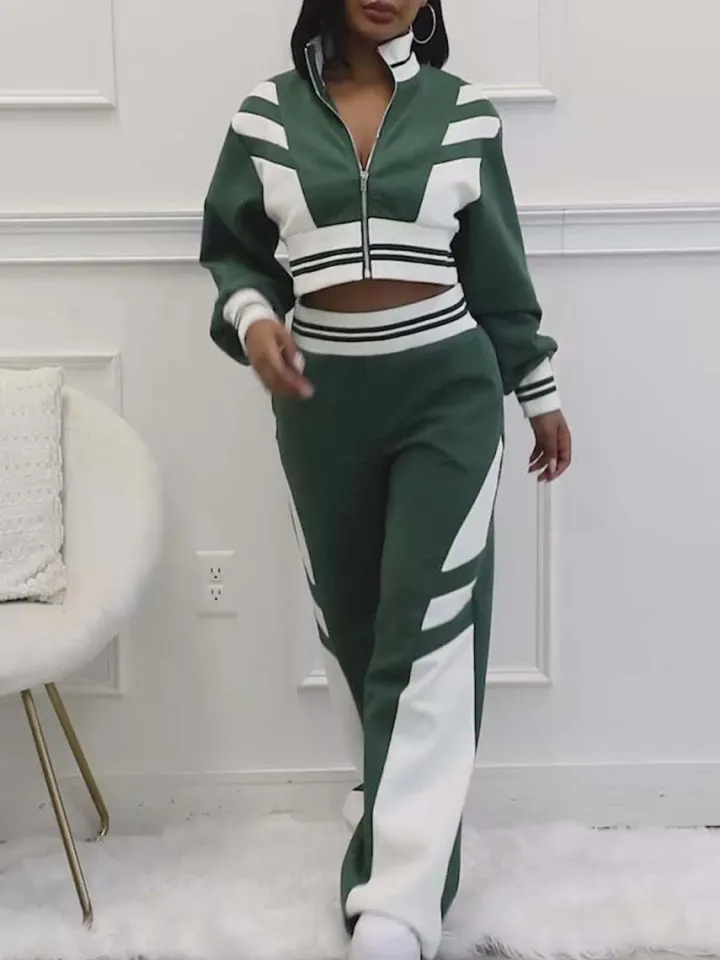 Zip Up Top Color Block Pants Set