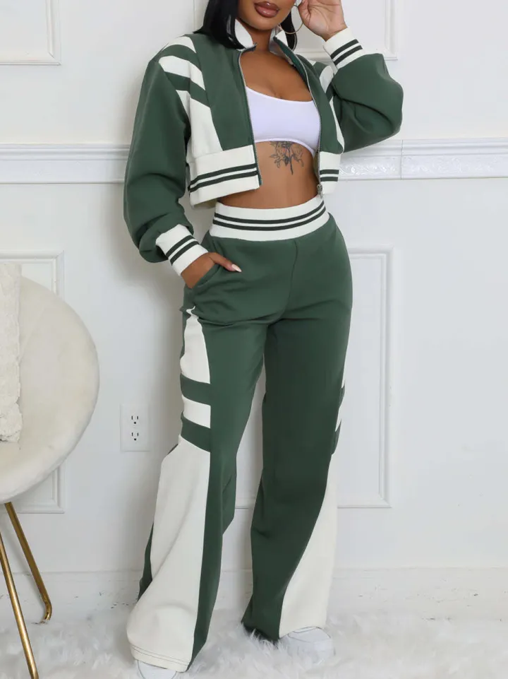 Zip Up Top Color Block Pants Set