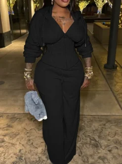 Zip-Up Hoodie Corset Waist Pants Set